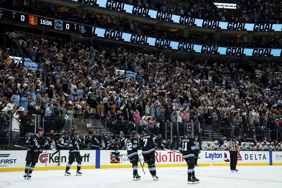 The Utah Hockey Club celebrates the first goal in franchise history.