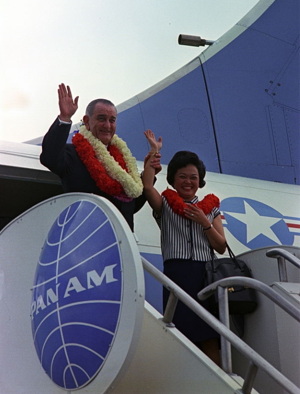 Patsy Mink and President Lyndon B. Johnson on the steps of Air Force One in Hawaii, February 8, 1966.